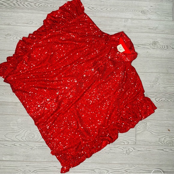 Fantastic fawn oversized red sequin ruffle detail shirt / blouse boho glam med - Picture 2 of 7